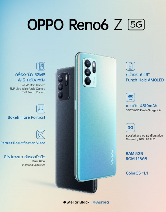 Oppo Reno6 Z 5g Ram8 128gb เครื่องศูนย์ไทยเคลียสตอค ประกันร้าน สมาร์ทโฟน 5g ที่ถ่ายภาพและวิดีโอ