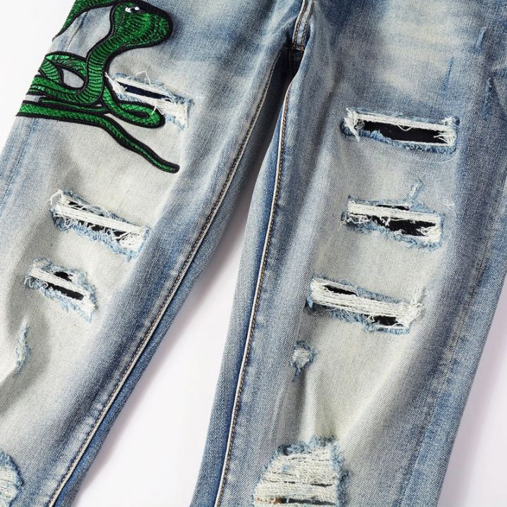 trendamiri-street-fashion-man-jeans-กางเกงยีนส์สีน้ำเงินสลิมฟิตงูเห่าเย็บปักถักร้อยพิมพ์กางเกงยีนส์เทรนด์ของผู้ชาย