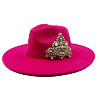 Womens Hat Wide Brim Simple Church Derby Top Hat Panama Solid Felt Fedoras Hat For Women Jazz Cap Pearl Crown Accessories 2022