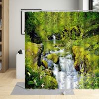 Spring Scenery Shower Curtain Green Plants Forest Flower Waterfall Natural Pattern Bathroom Polyester Cloth Hanging Curtain Set