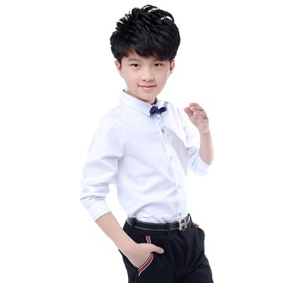 New Children Boys Shirts Cotton Solid Black White Shirt With Tie Boys For 3-15 Years Teenage School Performing Costumes Blouse