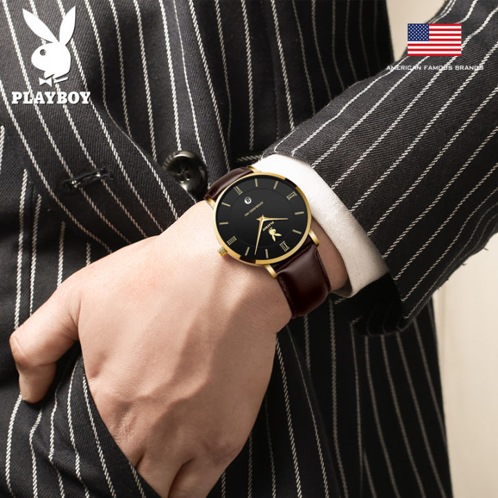 playboy-นาฬิกาข้อมือไอคอนแฟชั่นสำหรับผู้ชาย-แบรนด์อเมริกันสายหนังแท้กันน้ำนำเข้าหน้าปัดเรียบง่ายสไตล์ยุโรปและอเมริกา