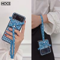 HOCE Denim เคสโทรศัพท์มีสายคล้องโบว์สำหรับ Samsung Galaxy Z Flip 3 4 5G สายรัดข้อมือ Flip3 Flip4ฝาครอบผ้าลายตาราง Houndstooth