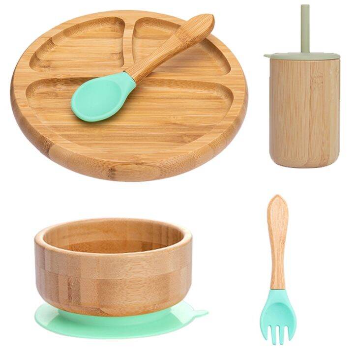 bite-bites-5pcs-set-childrens-tableware-baby-bowl-plate-fork-spoon-cup-suction-feeding-food-bamboo-tableware-bpa-free-non-slip