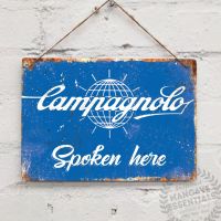 Campagnolo พูดที่นี่วินเทจย้อนยุคขี่จักรยานโลหะดีบุกเข้าสู่ระบบโปสเตอร์ผนังโล่