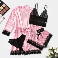 Pink Stripe Robe and Pajamas set Women Silk Satin Lace Sleepwear Summer Sexy Faux Silk Pijamas Bathrobe Homewear Night Robe Set