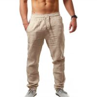 Mens Cotton Linen Long Pants Summer Solid Color Breathable Linen Trousers Male Casual Elastic Waist Casual Pants Harajuku Trous