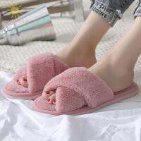 Ready stock lat Cross Strap Fluffy Fur Sliders Slippers Ladies Home Comfy Shoes