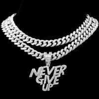 Women Men 13Mm Cuban Link Chain Choker Letter Necklace Iced Out Crystal NEVER GIVE UP Pendant Necklaces Fashion Hip Hop Jewelry