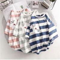 Womens Korean Version Loose Original Night Stripe Short Sleeve Couple