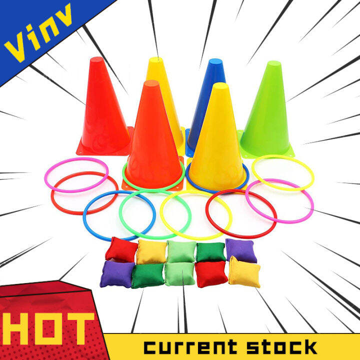 Vinv 3 in 1 Kids Outdoor Ring Toss Game Set Children Traffic Cone Bean