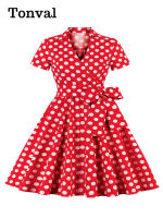 KKTonval 4XL Polka Dot พิมพ์ Rockabilly Vintage ชุดชาสำหรับสตรี V คอแขนสั้น Belted 50S Pinup ยาว Dressq11