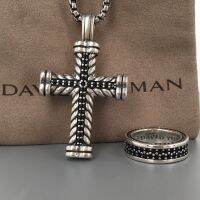 【lz】▽✆  Conjunto de jóias banhado a prata para homens David Yurman pingente Chevron Cross com diamante negro pavimentar joias populares europeias e americanas