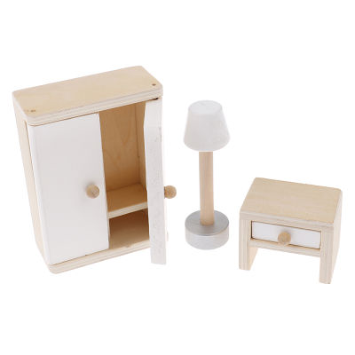 NEW! 3pcsset 1:12 Dollhouse Miniature Wood Bedside Table Cabinet Floor Lamp Toys