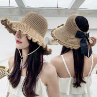 【CC】 Hat Bows Ruffle Brim Scallop Cap Ladies Outdoor Beach Top Visors Female Crochet Bonnet