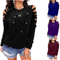 【Feb】 Autumn and Winter 2022 New Women Round Neck Hot Drill Hollow Out Long Sleeve Tops Female Sexy Oversize Off Shoulder T-Shirt