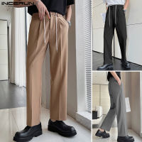 Beehoo INCERUN Mens Elastic Waist Casual Loose Fit Sport Chino Pants Drawstring Dance Long Pant (สไตล์เกาหลี)