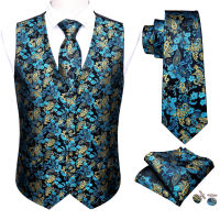 Teal Blue Mens Luxury Brocade Paisley Floral Suit Vest Silk Tie Waistcoat Set Men Clothes