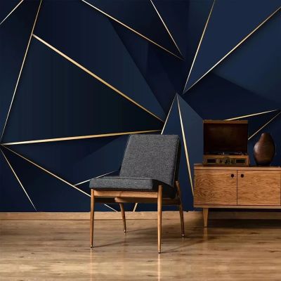 ภาพจิตรกรรมฝาผนังสีฟ้าลายเส้นสีทองนามธรรม3D สำหรับห้องนั่งเล่นผนังพื้นหลังห้องนอนการตกแต่งบ้านปูนเปียกผ้าผนัง
