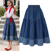 Spring and summer womens high-waisted skinny denim stitching mid-length half skirt A-line skirt denim skirt