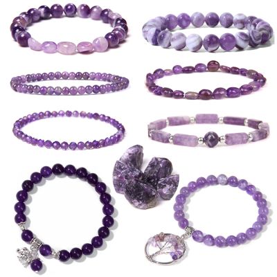Energy Natural Amethyst Bracelet Healing Quartz Purple Crystal Stone Bracelet Women Jewelry Male Bangle Stretch Cure Yoga Relief