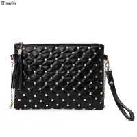 Diinovivo Retro Rivet Women Clutch Bag Tassel Hand Bags Black Punk Bag Famous PU Leather Bag Large Shoulder Bag For Women Ladies