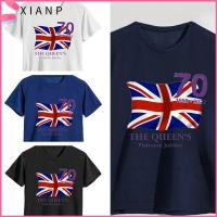 XIANP เสื้อยืดธงมีแขนลำลองขาสั้นแพลตตินั่มยูบิลลี่ครบรอบ70th Unisex Queen Elizabeth ยูเนี่ยนแจ็คเสื้อยืดเสื้อยืดคอกลม