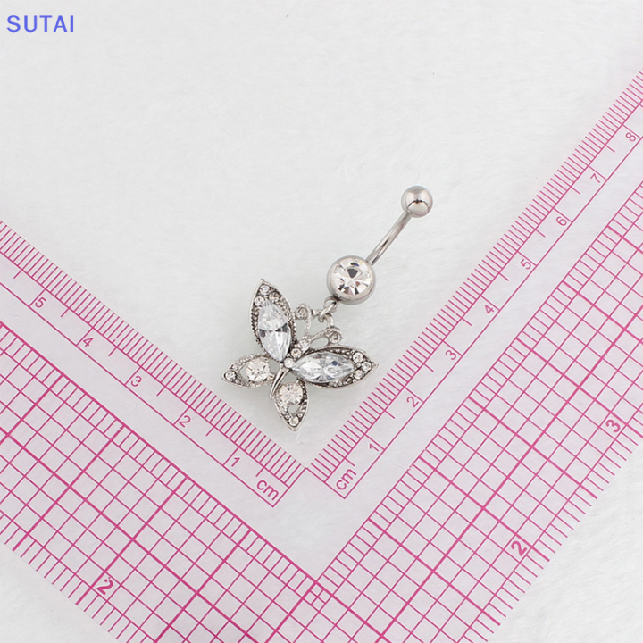 lowest-price-sutai-แหวนคริสตัลติดสะดือรูปผีเสื้อทำจากสเตนเลสเพทายสำหรับเจาะร่างกายของผู้หญิงเครื่องประดับอัญมณี