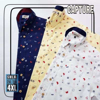 Capture Shirt เสื้อเชิ้ตผู้ชาย แขนสั้น คอปก ลายฟุตบอลรวมมิตร มีอกถึง 48"