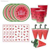 ☞ 1set Watermelon Disposable Tableware Paper Cups Banners Cake Toppers for Kids Watermelon Birthday Party Decoration Supply