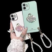 Rhinestone Swan Pearl Bracelet Heart For iPhone 14 12 11 13 Pro Max Mini X XR XS Max 6 S 7 8 Plus Soft Phone Case