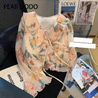 PEAR DODO เสื้อเชิ้ตแขนผูกเชือกยาวมีระบายสำหรับผู้หญิงลายดอกไม้สไตล์เกาหลี