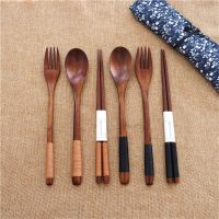 4Set/12pcs Wood Portable Tableware Wooden Cutlery Sets Travel Dinnerware Suit Environmental with Cloth Pack Gift Flatware Sets