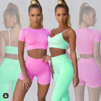 Pad Seamless Women Yoga Set Short Sleeve Crop Top T shirt Squat Proof Leggings Sports Workout Outfit Fitness Wear Yoga Suits