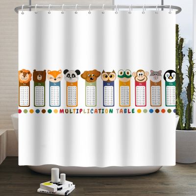Colorful Math Shower Curtain Cartoon Animals Multiplication Table 1 to 12 Educational Learning Study for Kids Bathroom Decor