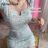 NineFloor ฤดูร้อนสุภาพสตรีสูงยืดแขนสั้นลายดอกไม้เสื้อยืดชุด S-XL S0128