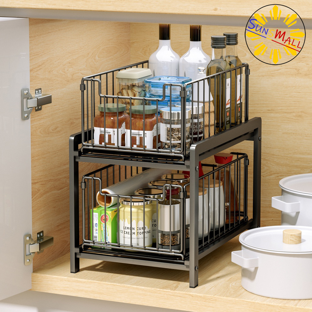 Metal Desktop Spice Rack Pull Out Basket Organizer Drawer for Kitchen Pantry 2-Tier Under Sink Cabinet Organizer with Sliding Storage Drawer White, small Bathroom and Office 
