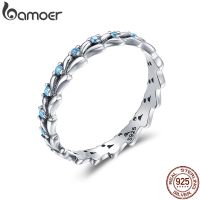 BAMOER Real 100 925 Sterling Silver Stackable Ring Wheat Wave &amp; Clear CZ Finger Rings for Women Sterling Silver Jewelry SCR162