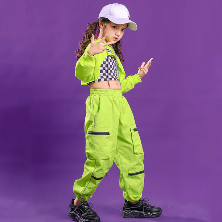 lolanta-4-16ปีหญิงฮิปฮอปเต้นรำเสื้อผ้าสีเขียว-crop-top-หรือกางเกงสีดำสีขาว-เสื้อลายสก๊อตเด็ก-streetwear-ชุดเชียร์ลีดเดอร์