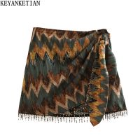 KEYANKETIAN New Vintage Geometric Print Mini Skirt Knotted Sarong Beaded Fringe Wrap Vestidos Casual Zip Short Skort Mujer