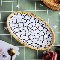 Creative Vietnam Rattan Oval Storage Plate Manual Rattan Ceramics Combination Fruit Snack Dry Fruit Decorative Storage Tray NEW