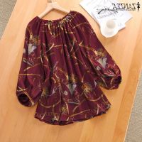 COD dhdfxcz ZANZEA Women Long Sleeve O-Neck Back Buttons Vintage Print Pleated Loose Blouse