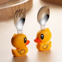 Dinnerware Cartoon Infant Baby Silicone Handle Fork Spoon Tableware 304 Stainless Steel Gadgets Feeding Children Utensil Gift Bowl Fork Spoon Sets