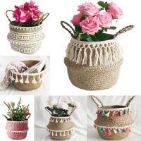 Foldable Seagrass Belly Woven Basket Flower Plants Pots With Pom Pom BallTassel Storage Bag Home Decor Dropshipping