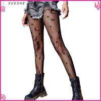 XUESHE สีดำสีดำ ถุงน่องตาข่ายผู้หญิง เอวสูงเอว ลายดาวและดวงจันทร์ Pantyhose ตาข่ายแบบตาข่าย ความยืดหยุ่นสูง ถุงน่องตาข่ายฮาโลวีน สำหรับงานเต้นรำ/ฮาโลวีน/คอสเพลย์