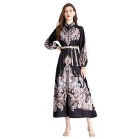 Womens Dress Spring and Autumn New Vintage Court Style Printed Lantern Sleeve Long Maxi Black Dress