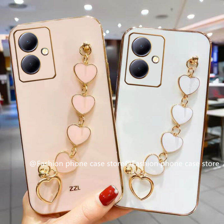 เคสโทรศัพท์-vivo-y27-4g-5g-2023-phone-case-เคส-vivo-y78-5g-หรูหราสีสันลูกกวาดเคสนิ่มซิลิโคนพร้อมสร้อยข้อมือรูปหัวใจ