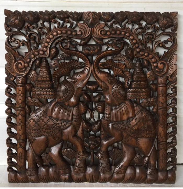 ช้างแกะสลัก-90-ซม-หนา-4-ซม-ไม้สักแกะสลัก-รูปช้างยกฉัตร-แผ่นไม้สักไม้สักฉลุติดผนัง-ไม้สักสไตล์บาหลี-ไม้สักแต่งบ้าน-งานสวย-teak-wood-carved-elephant