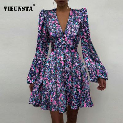◆■ 2021 Spring Floral Print Satin Party Dress Women Deep V-neck Button Mini Dress Autumn Elegant Puff Shoulder A-Line Dresses Belt