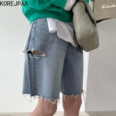 Korejpaa Vintage Denim Shorts Women High Waist Hole Jeans 2022 Summer Casual Korean Fashion Solid Wash Blue Bottoms Femme